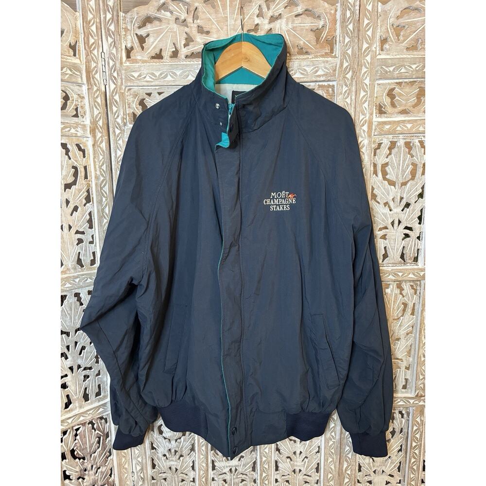 Vintage Blue & Teal Moet Champagne Stakes Nylon Jacket Auburn Sportswear USA XL